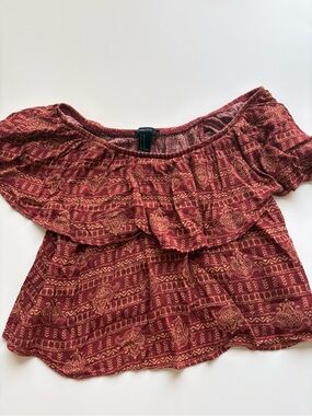 Forever 21 Maroon Printed Off-Shoulder Crop Top